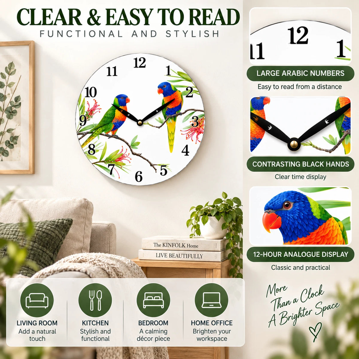 28.8cm Wall Clock Australian Birds Animal Wildlife MDF Round Home Decor
