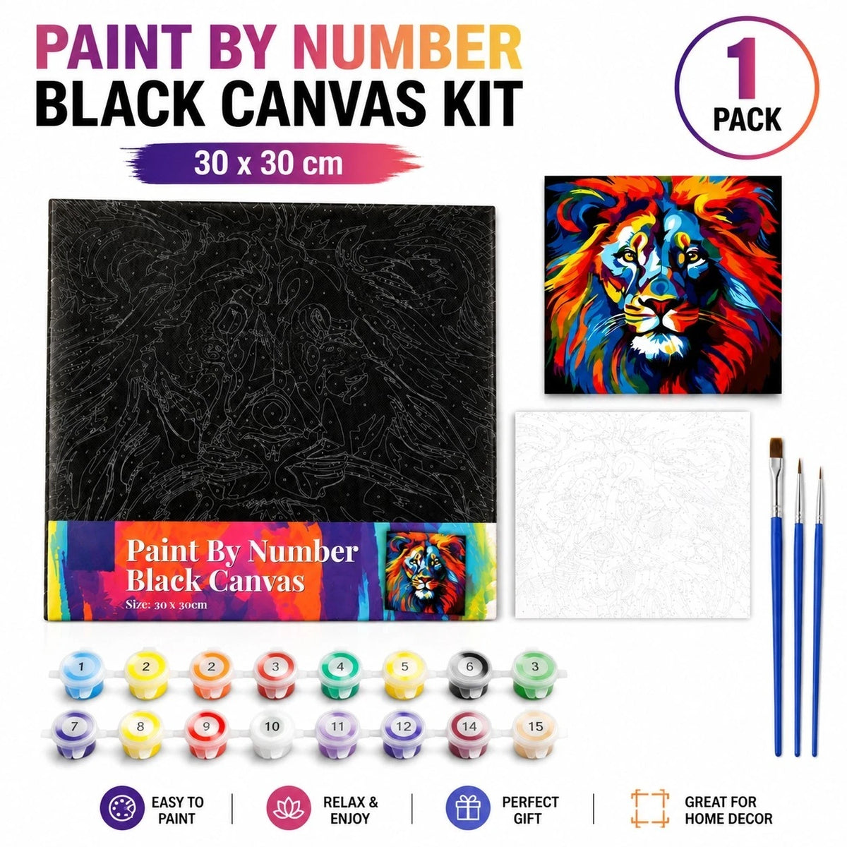 30x30cm Black Canvas Paint By Number Lion Kit DIY Acrylic Painting Art Gift