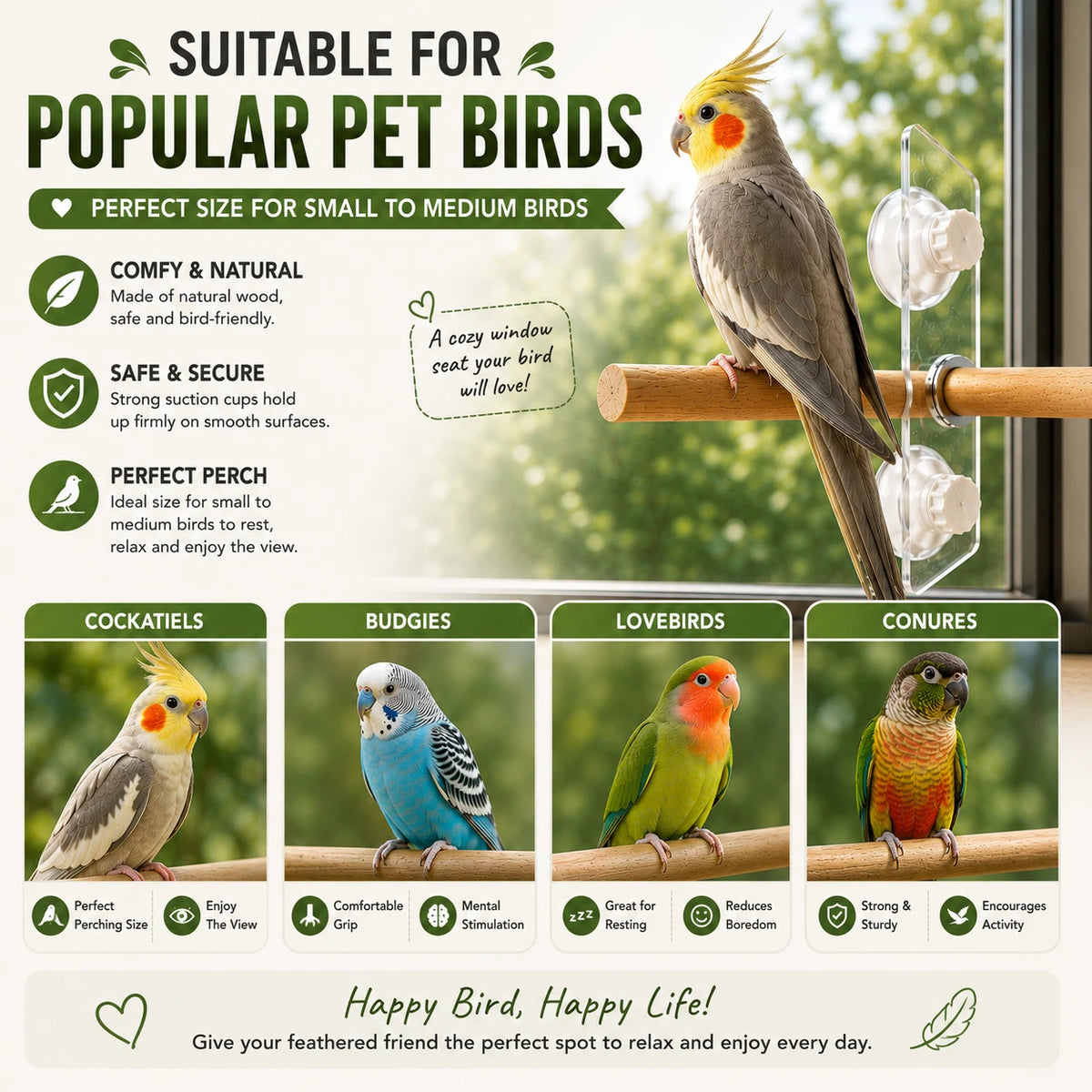 Natural Wood Bird Window Perch 25cm Suction Cup Seat Stand For Budgie Cockatiel