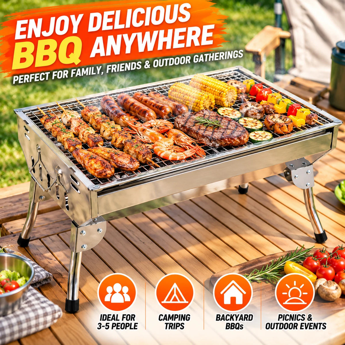 Portable Charcoal BBQ Grill 48cm Foldable Stainless Steel Camping Outdoor Barbecue #BBQHH001