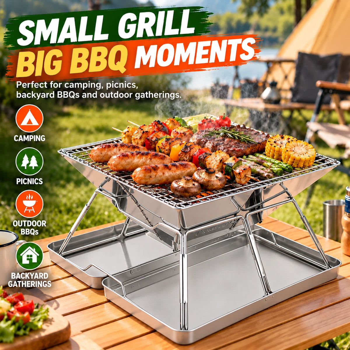 Portable Folding Charcoal BBQ Grill Stainless Steel Camping Outdoor Barbecue Set