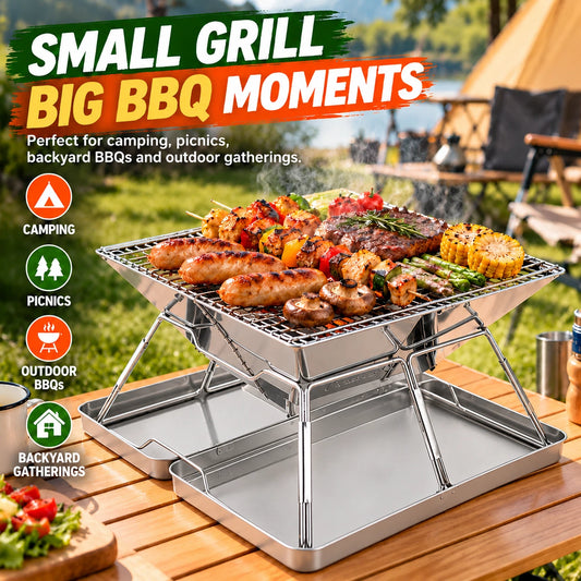 Portable Folding Charcoal BBQ Grill Stainless Steel Camping Outdoor Barbecue Set