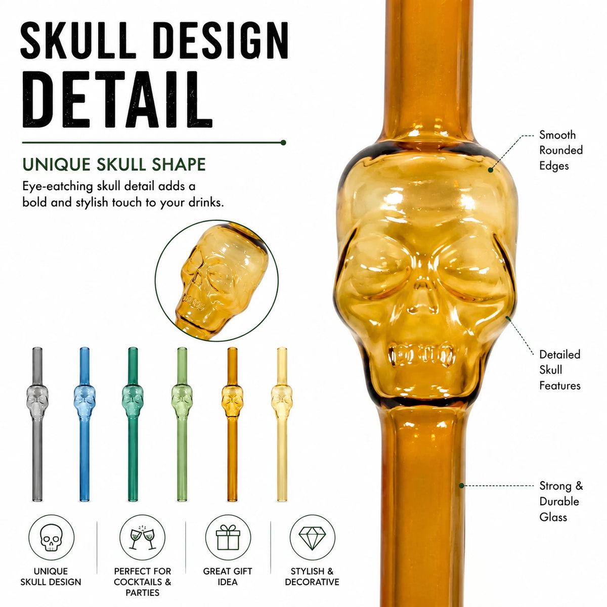6PCS Skull Glass Drinking Straws 20cm Reusable Cocktail Barware Cleaning Brush