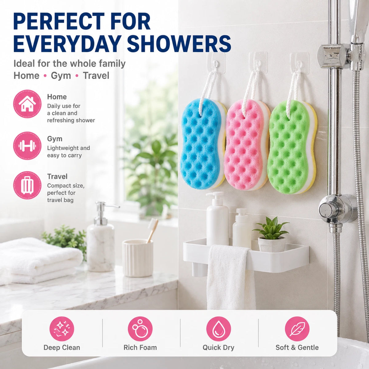 3x Bath Shower Sponge w Rope Deep Cleaning Body Scrubber Exfoliating Soft Foam