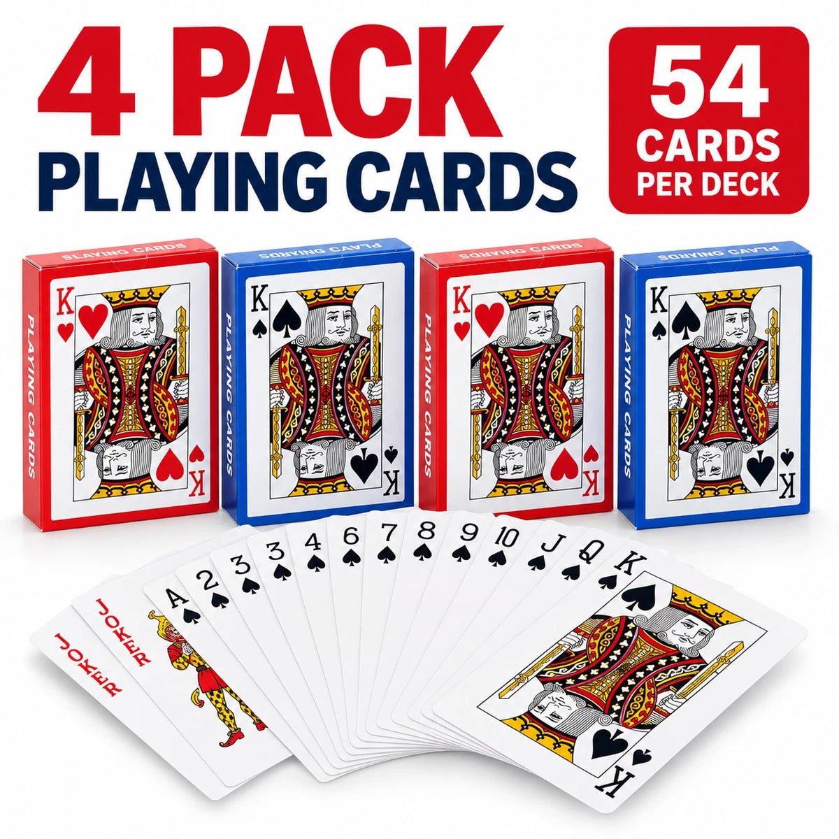 4 Pack Playing Cards Standard Deck 54 Cards Poker Solitaire Rummy Card Games