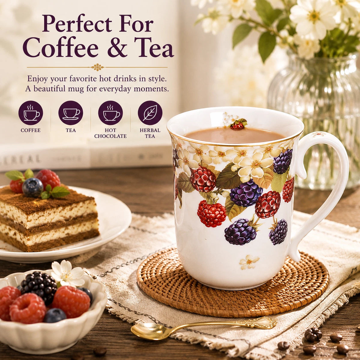 1-6x Wild Berry Floral Fine Porcelain Mug 405cc Coffee Flowers Tea Cup Gift