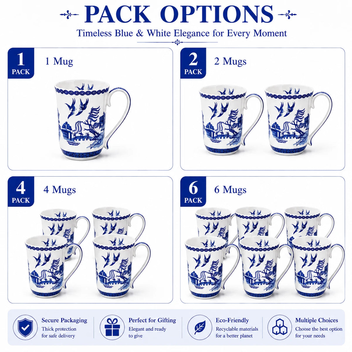 1-6x Classic Blue & White Willow Pattern Mug 405cc Porcelain Tea Coffee Cup Gift Set