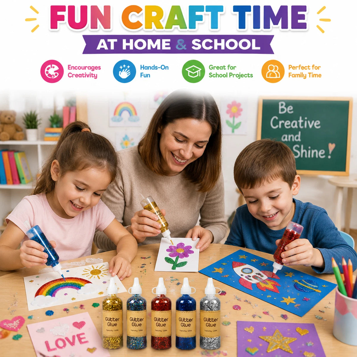 5X Craft Glitter Glue 120ml Coloured Gel Kids Crafts Scrapbooking School Project