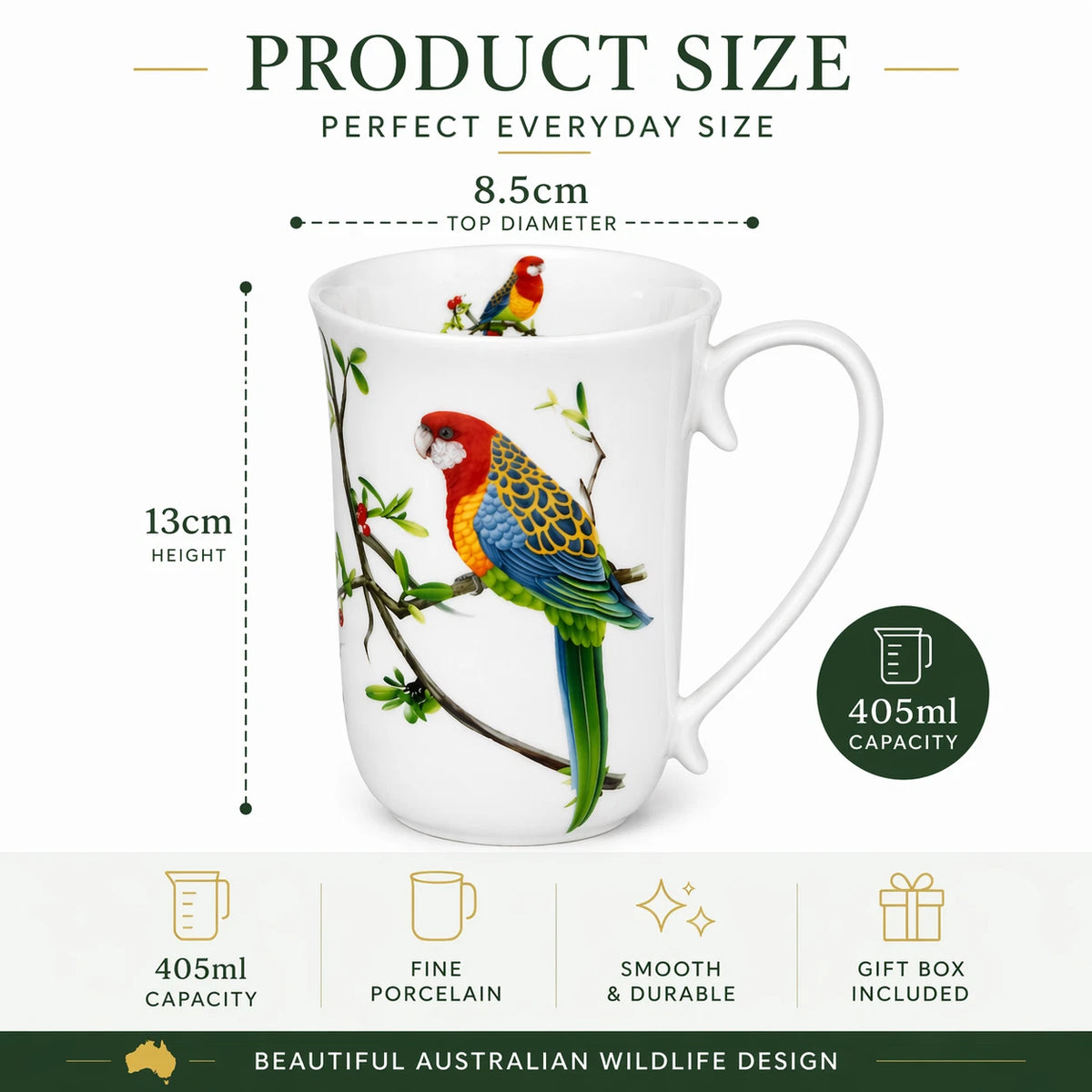 1-6x Australian Rosella Bird Mug 405ml Porcelain Coffee Tea Cup Gift Box Home Decor
