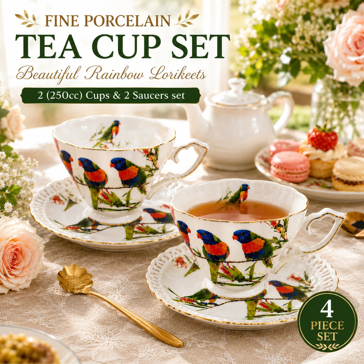 Set of 2 Cups & Saucers 250cc Rainbow Lorikeets Bird Fine Porcelain Gift Box