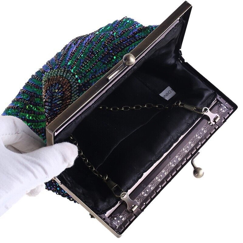 Women Bridal Metal Frame Sequined Bead Party Wedding Handbag Prom Evening Clutch