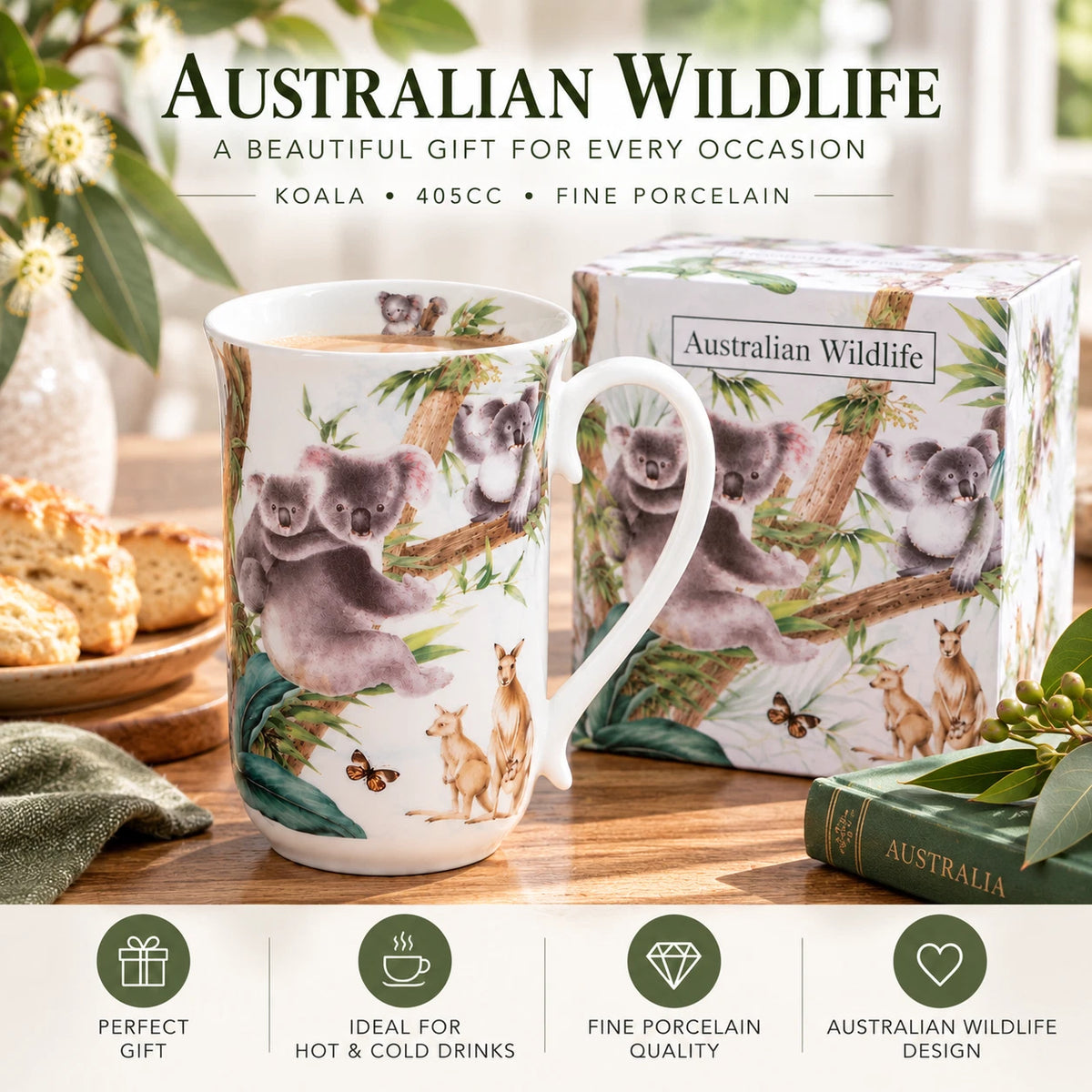 1-6x 405cc Australian Wildlife Koala Mug Fine Porcelain Coffee Tea Cup Gift Box