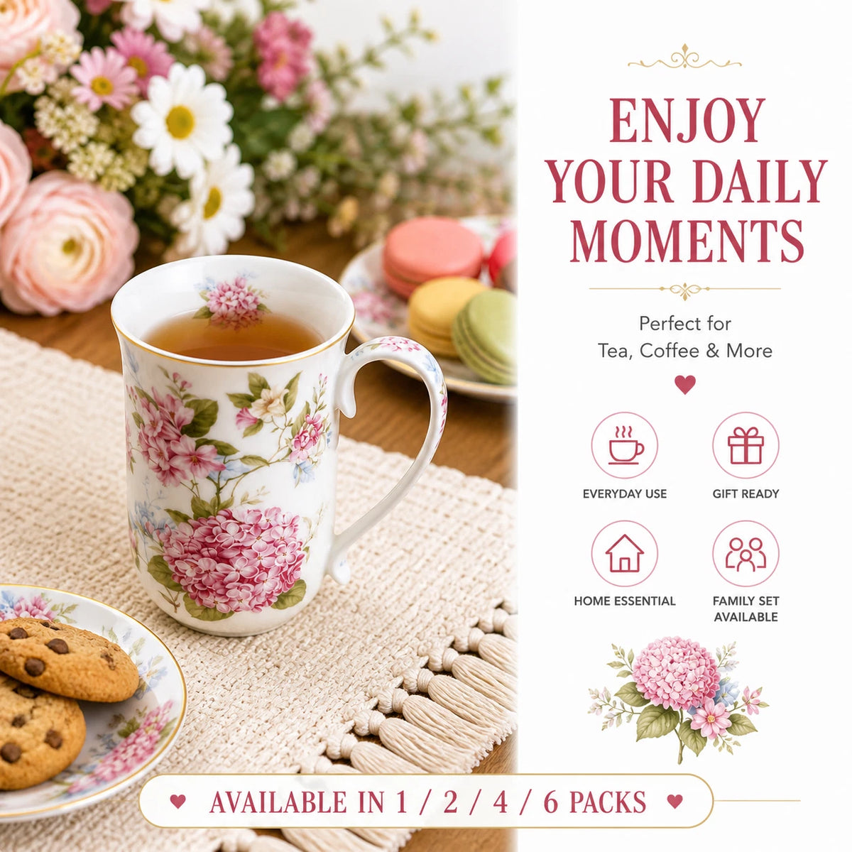 1-6x 405ml Fine Porcelain Mug Pink Hydrangea Floral Tea Coffee Cup Gift Home Office