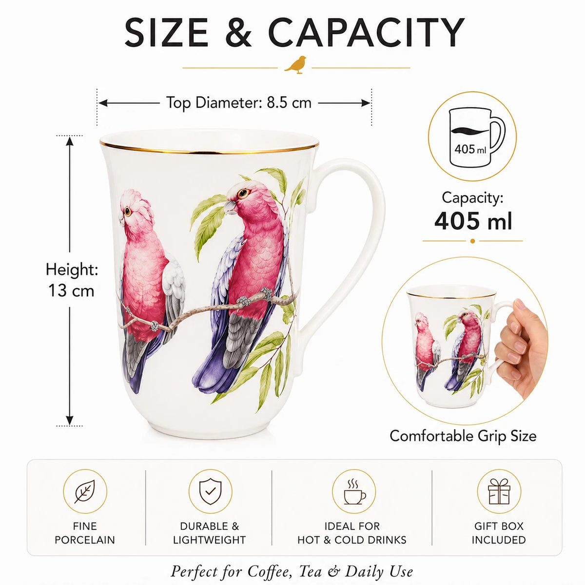 1-6x Australian Galah Bird Coffee Mug Fine Porcelain Tea Cup 405ml Mother's Day Gifts