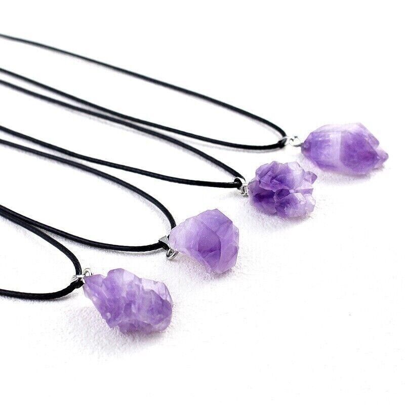 Fashion Irregular Amethyst Pendant Raw Stone Necklace Wax Rope Lady Jewelley