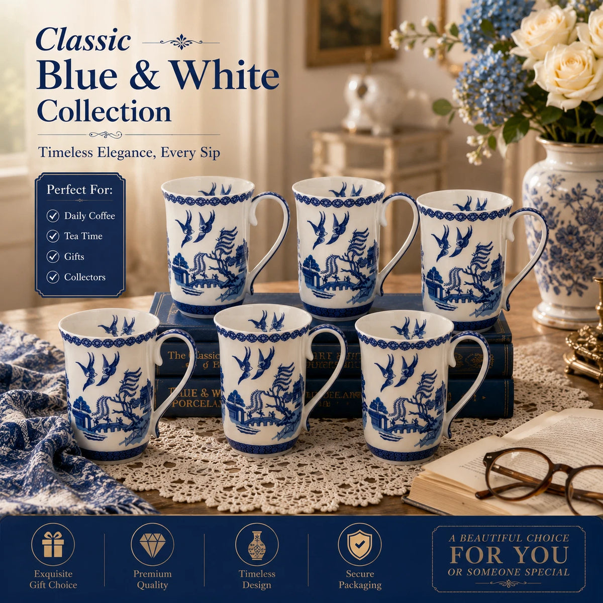 1-6x Classic Blue & White Willow Pattern Mug 405cc Porcelain Tea Coffee Cup Gift Set