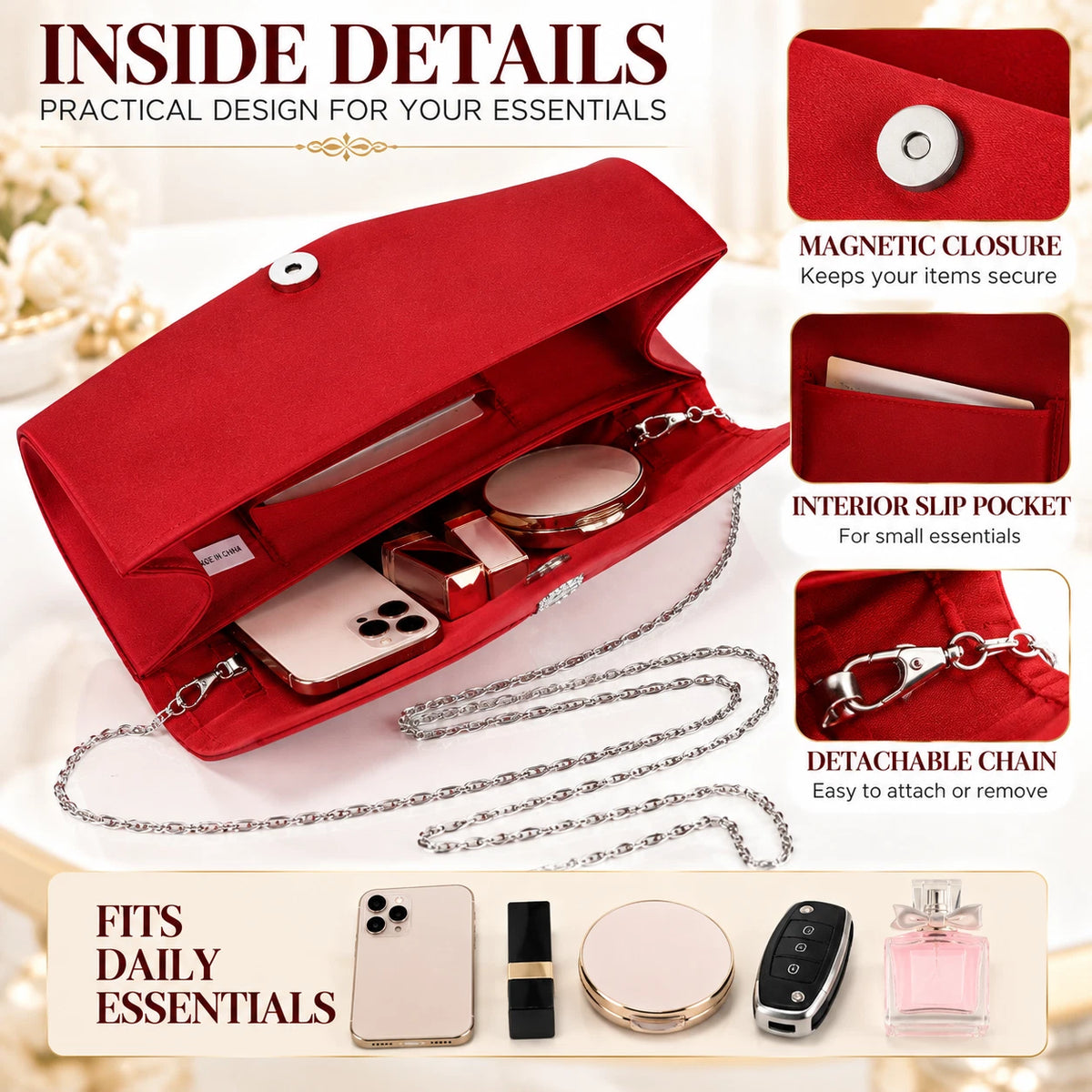 Women Satin Pleated Diamante Evening Clutch Bag Wedding Bridal Party Chain Bags 8 Colour