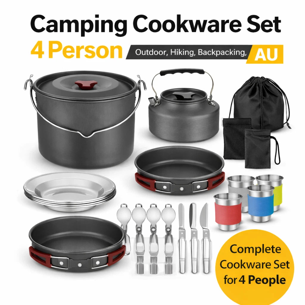 Camping Cookware Set 4 Person Outdoor Cooking Pot Pan Kettle Picnic Hiking Kit