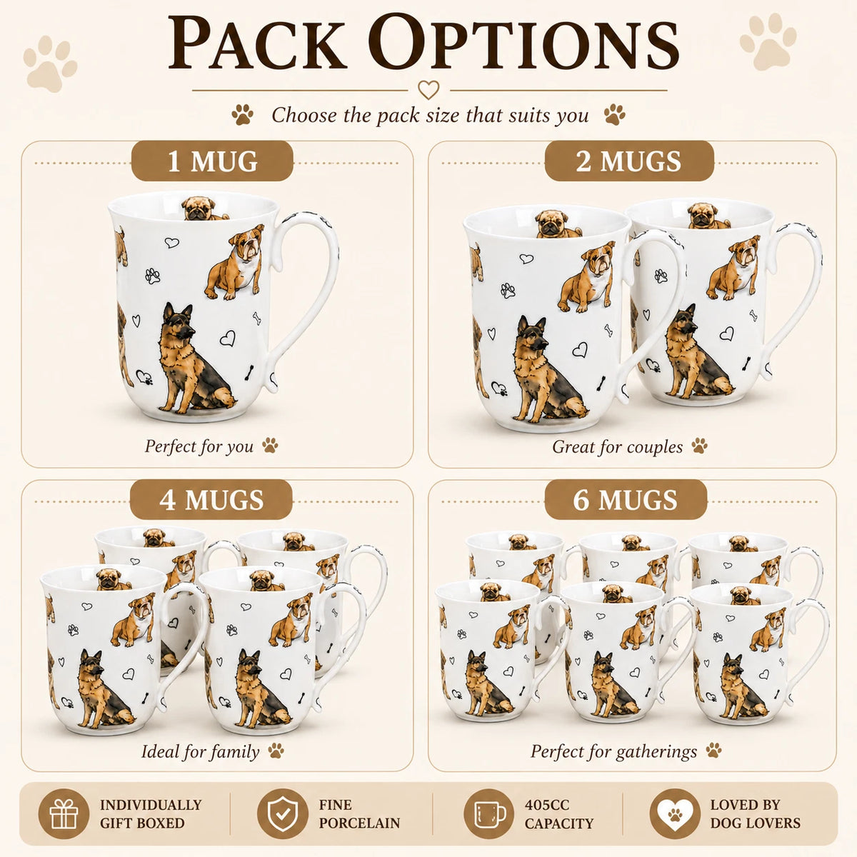1-6x 405cc Cute Dog Fine Porcelain Mug Coffee Tea Cup Home Decor Gift Box