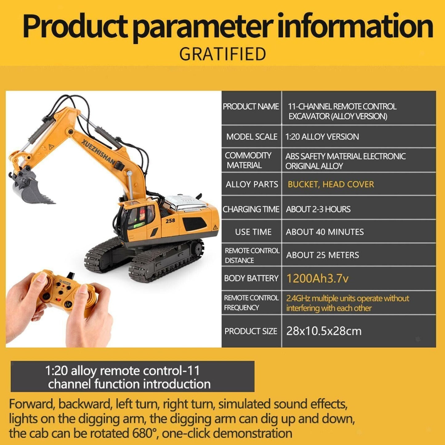 1:20 Alloy Crawler Excavator Digger Electric Toys Gift RC Remote Control for Boy