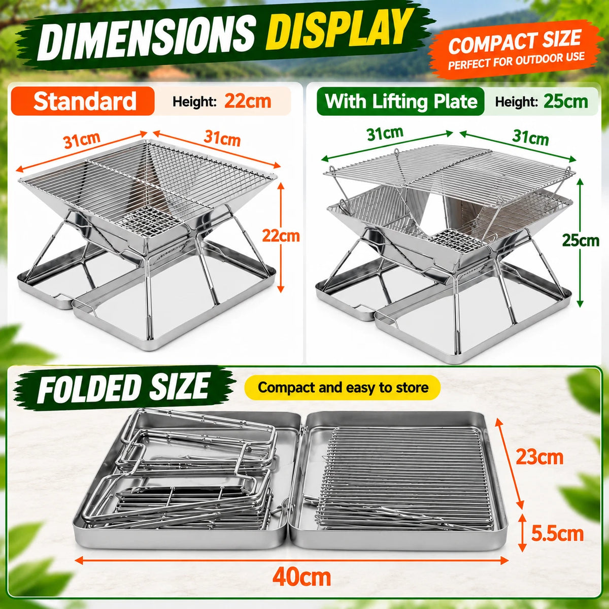 Portable Folding Charcoal BBQ Grill Stainless Steel Camping Outdoor Barbecue Set