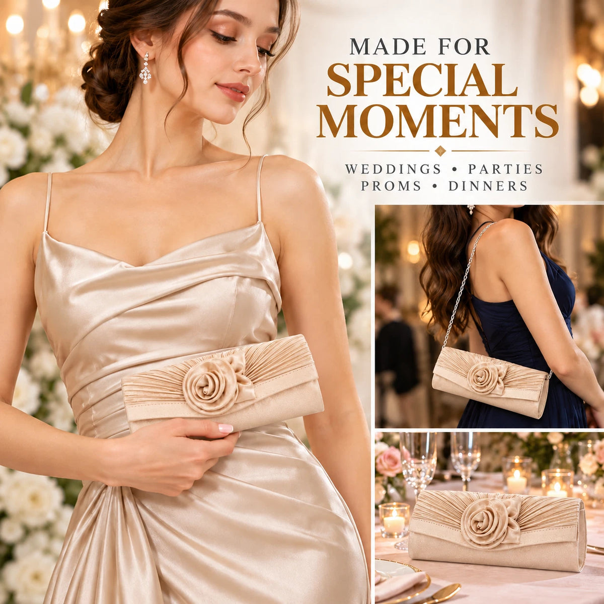 Women Satin Flower Evening Clutch Bag Wedding Party Prom Bridal Shoulder Handbag 15 Colour