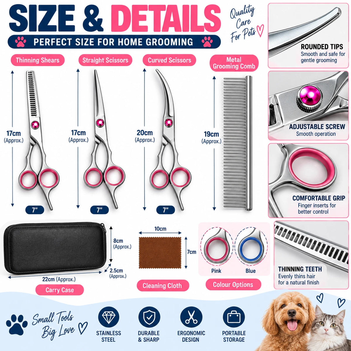 7" Dog Grooming Scissors Set Straight Curved Thinning Shears Stainless Steel