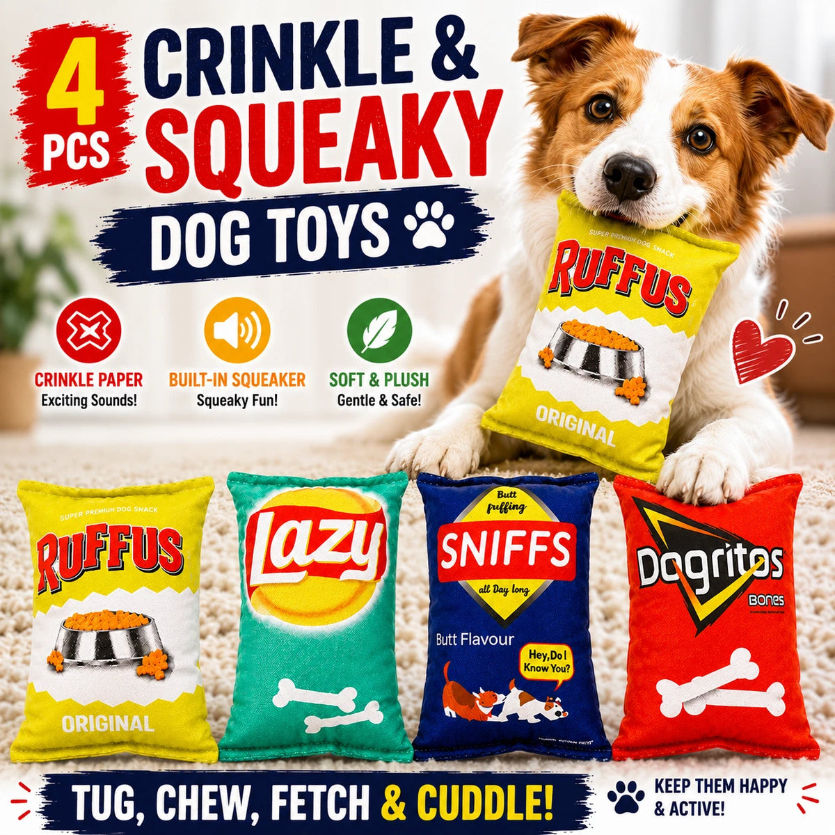 4PCS Crinkle Squeaky Dog Toys Plush Chip Bag Interactive Pet Puppy Chew Toy Soft