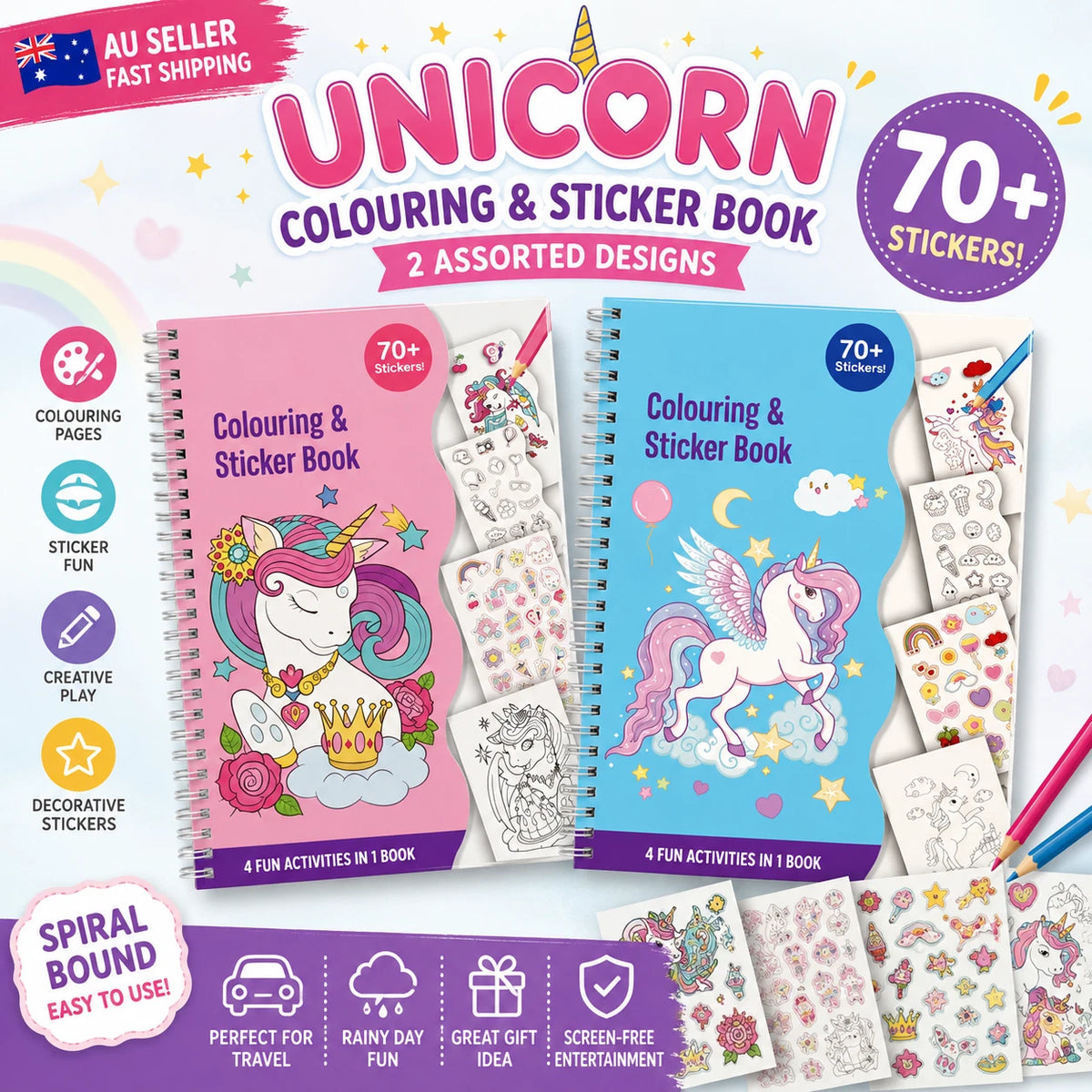 2x Creative Unicorn Colouring & Stickers Activity Book Kids Spiral Bound Craft Fun Pink & Blue Mixed Set