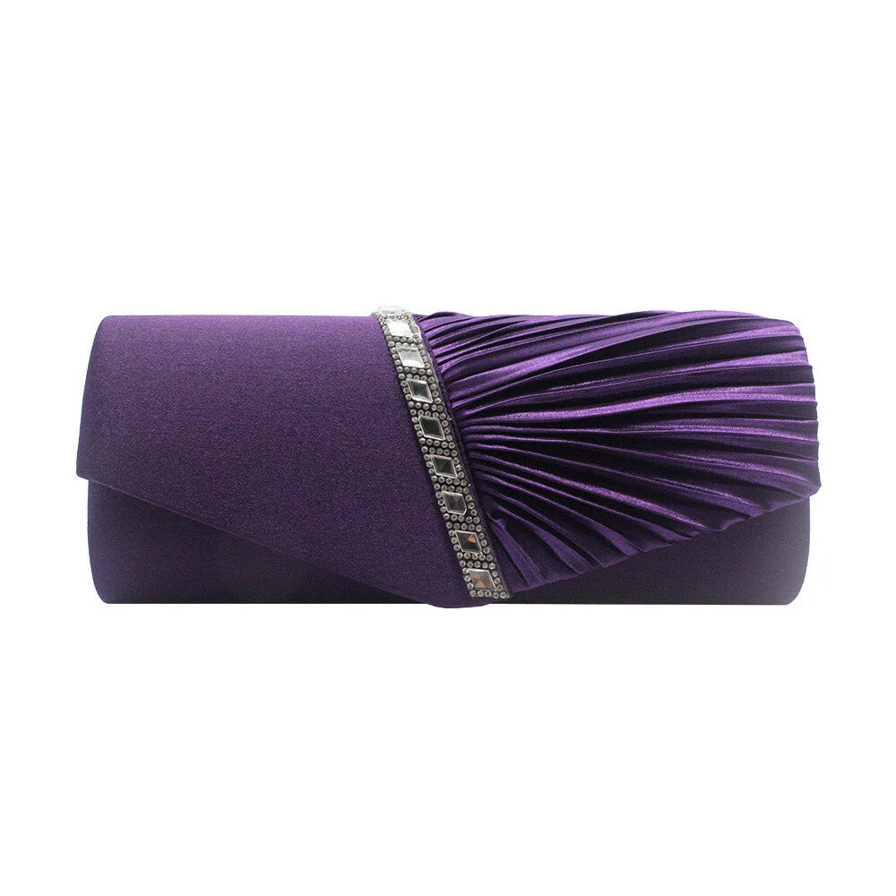 Women Satin Pleated Diamante Evening Clutch Bag Wedding Bridal Party Chain Bags 8 Colour