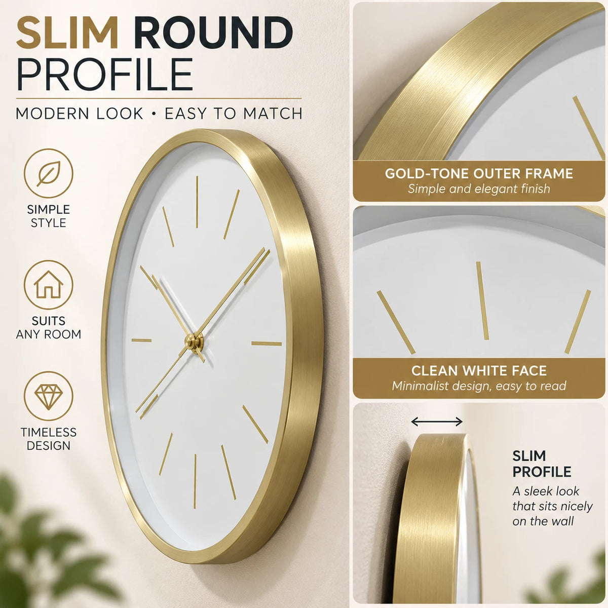 30cm Modern Wall Clock White Gold Minimalist Analogue Round Home Office Decor