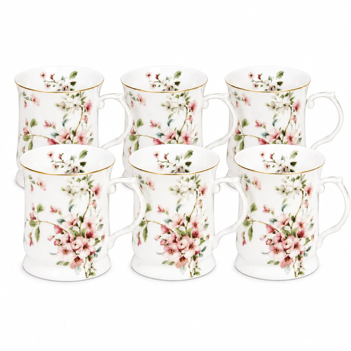 Peach Blossom White Fine Porcelain Mug 415ml Floral Coffee Tea Cup Gift Box 1-6X