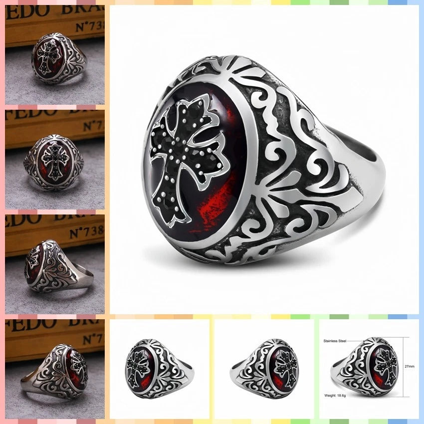 Men Gothic Cross Ring Silver with Black Cross & Red Inlay Punk Biker Signet Band # R37