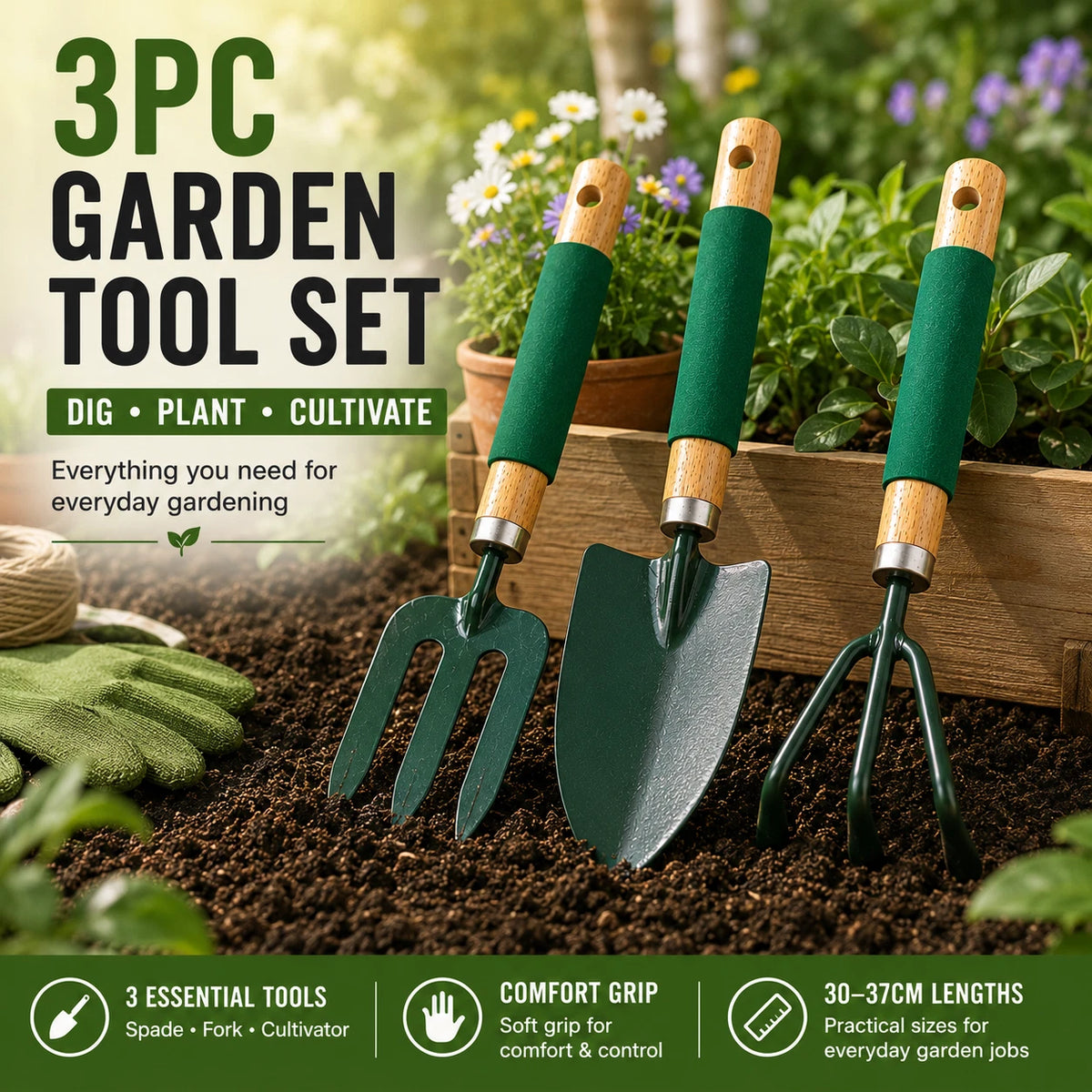 3 Pieces Garden Tool Set Hand Trowel Fork Cultivator Digging Planting Weeding