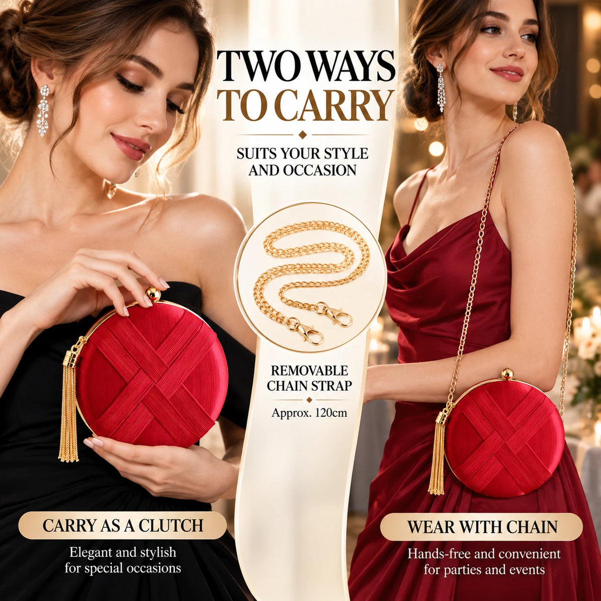 Women Round Evening Clutch Bag Wedding Party Prom Formal Tassel Chain Handbag 7 Colour
