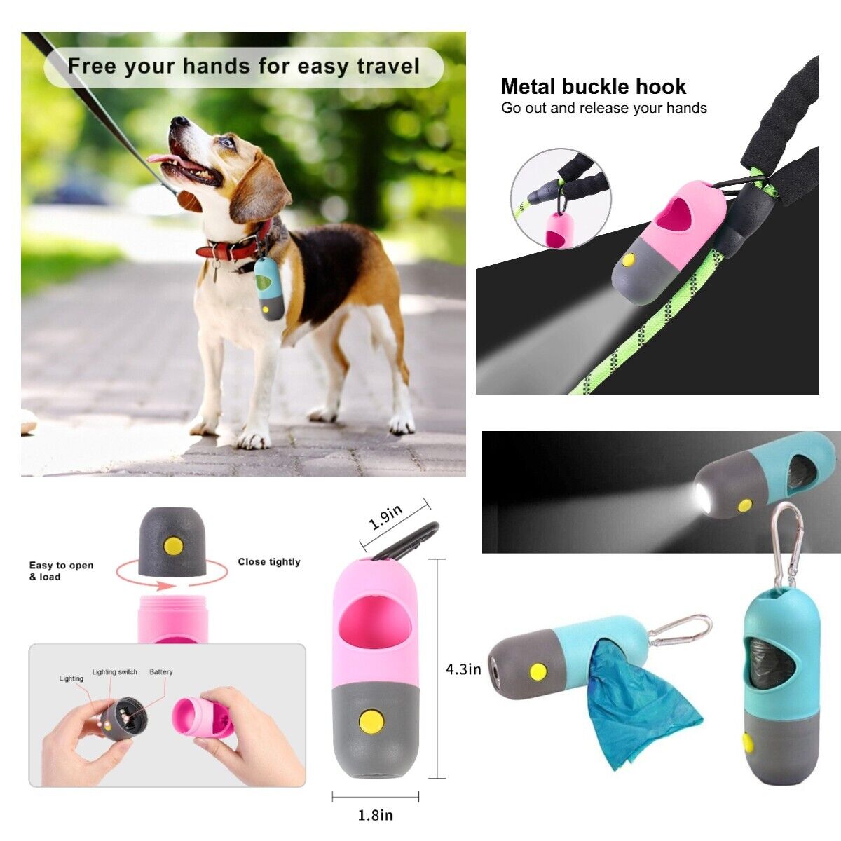 Pet Poop Bag Dispenser With LED Flashlight Waste Disposable Clean Poo Holder
