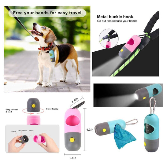 Pet Poop Bag Dispenser With LED Flashlight Waste Disposable Clean Poo Holder
