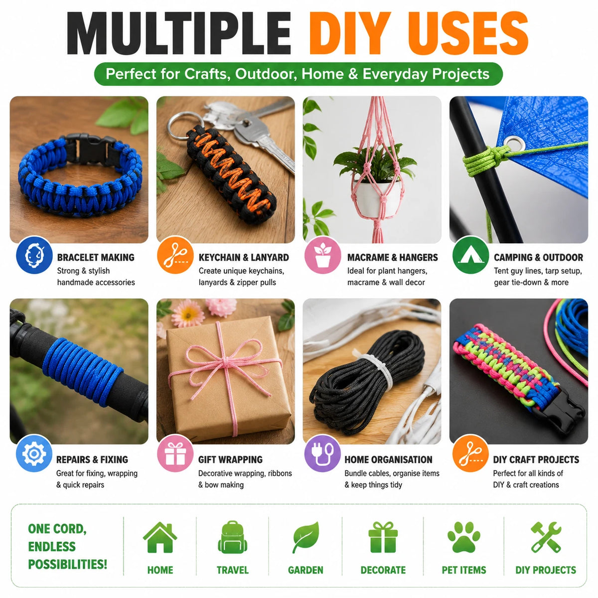 6 Pack 5M 4MM Nylon Braided Cord Rope Craft Camping Hiking DIY Macrame Binding 6 Color