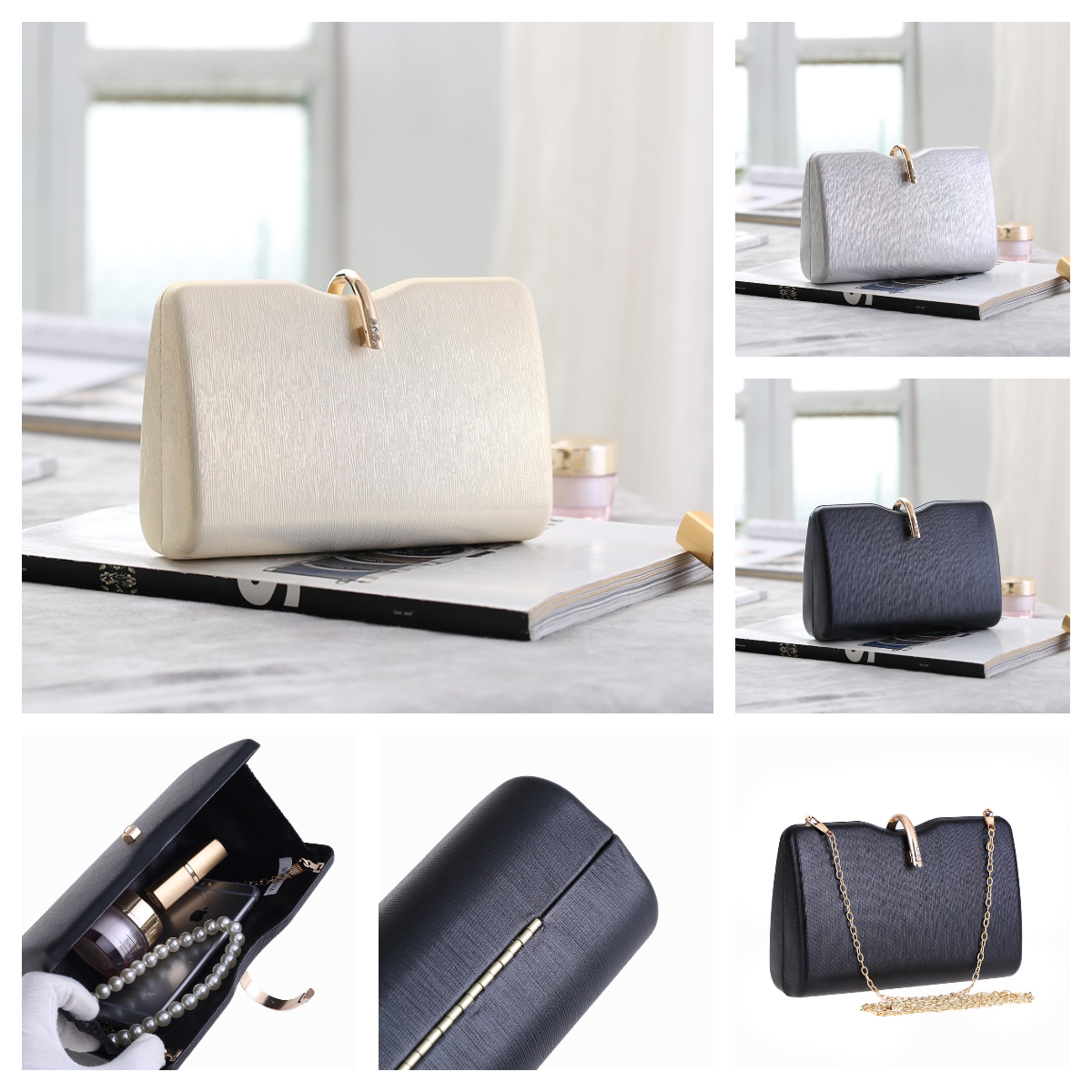 New Woman Elegant Hard Square Shell 3 Colors Wedding Clutch Evening Party Bag