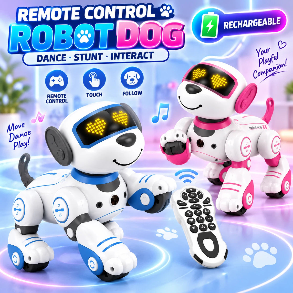 Remote Control Robot Dog Toy Dancing Stunt Touch Follow Light Sound Rechargeable
