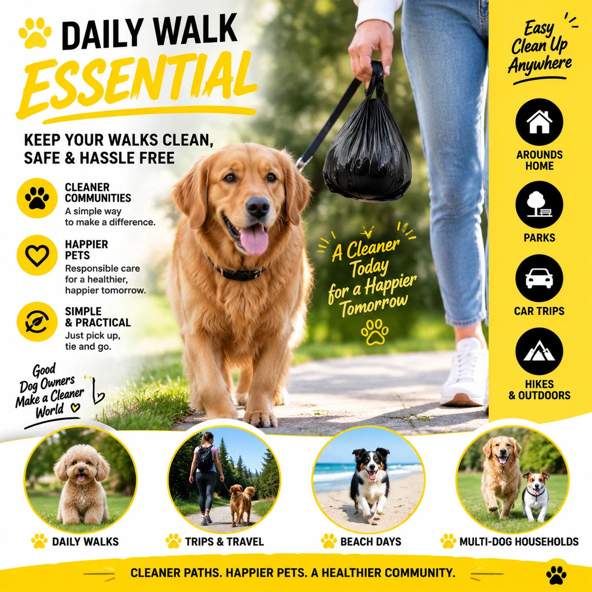 100x Dog Poop Bags Disposable Waste Bags Large 28x30cm T-Shirt Clean Up Black