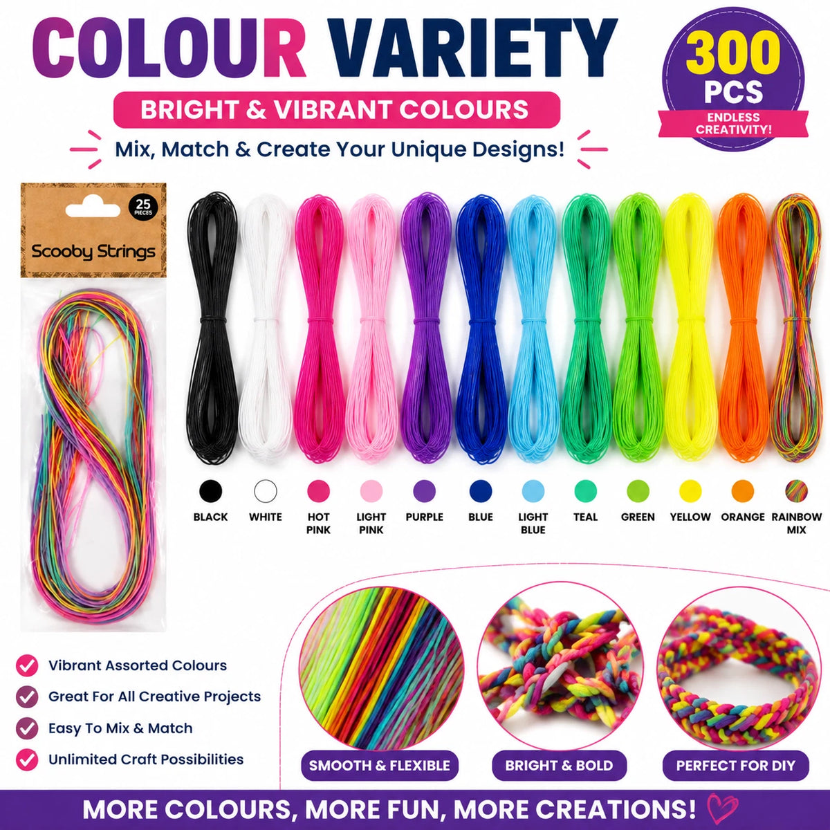 300 PCS Scoubidou Strings 100cm Plastic Lacing Cord Friendship Bracelet DIY Craft