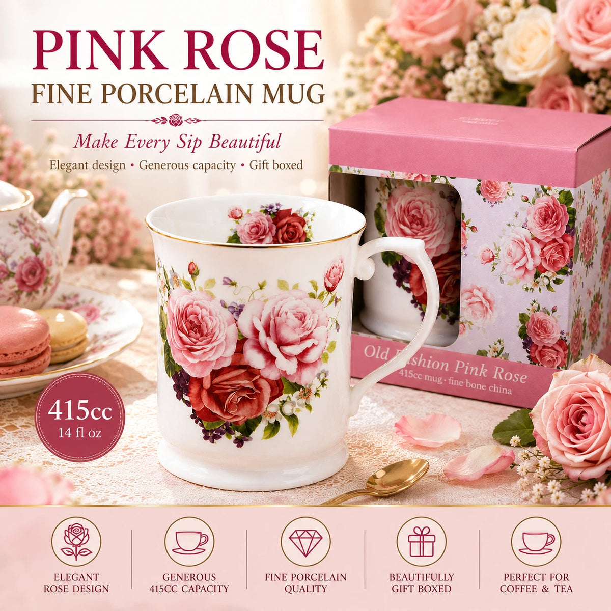 1-6x Vintage Pink Rose Mug 415ml Fine Porcelain Coffee Tea Cup Floral Gift