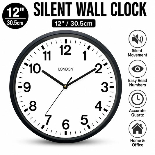 Classic Black London Wall Clock Round 30cm Silent Quartz Home Office Decor Gift