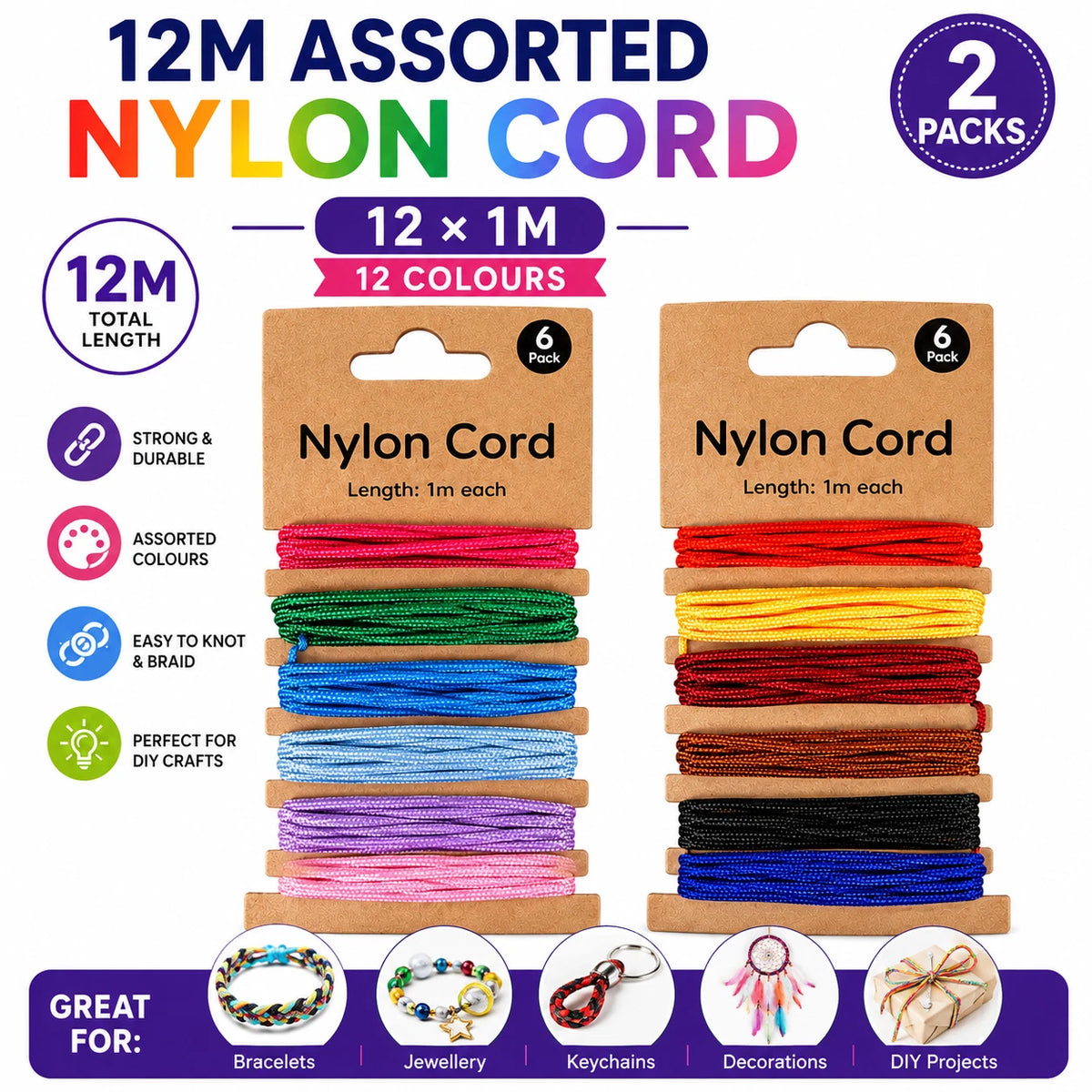 2 PACK Nylon Cord Assorted Colours Craft String Jewellery Braiding DIY 6 x 1M