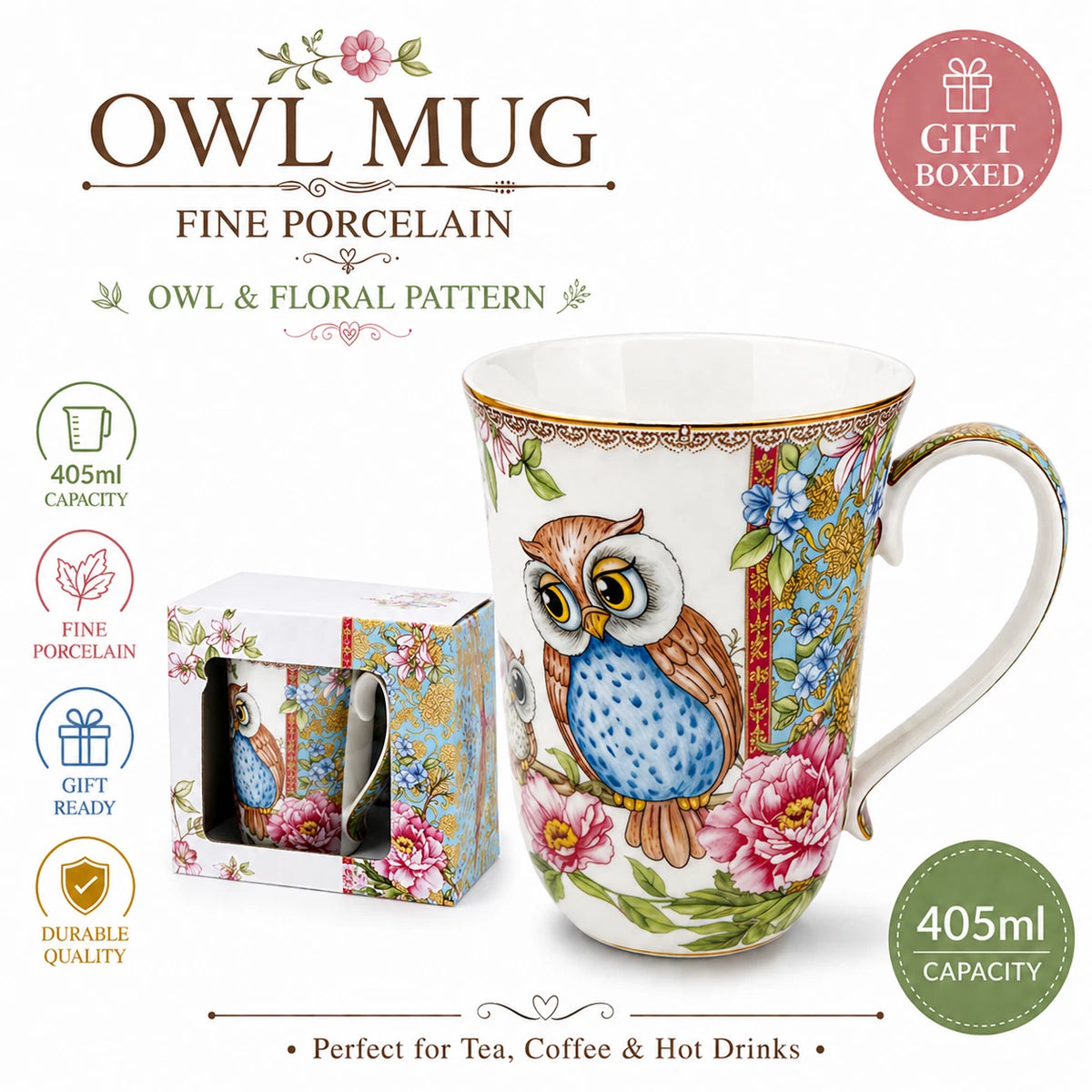 1-6x Owl 405ml Fine Porcelain Coffee Mug Tea Cup Floral Gift Box Gift Box