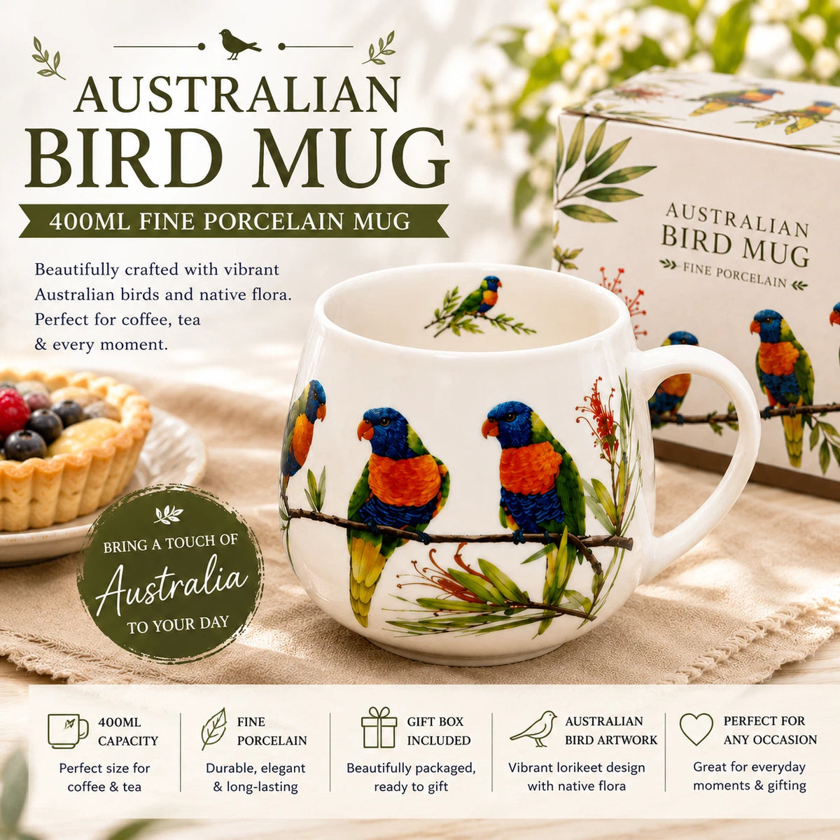 1-6x Rainbow Lorikeet Mug 400ml Fine Porcelain Australian Bird Coffee Tea Cup Gift