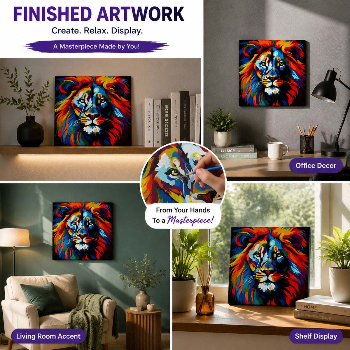 30x30cm Black Canvas Paint By Number Lion Kit DIY Acrylic Painting Art Gift