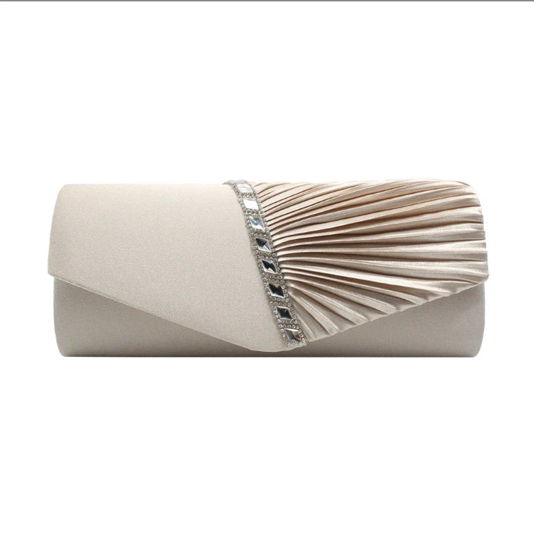 Women Satin Pleated Diamante Evening Clutch Bag Wedding Bridal Party Chain Bags 8 Colour