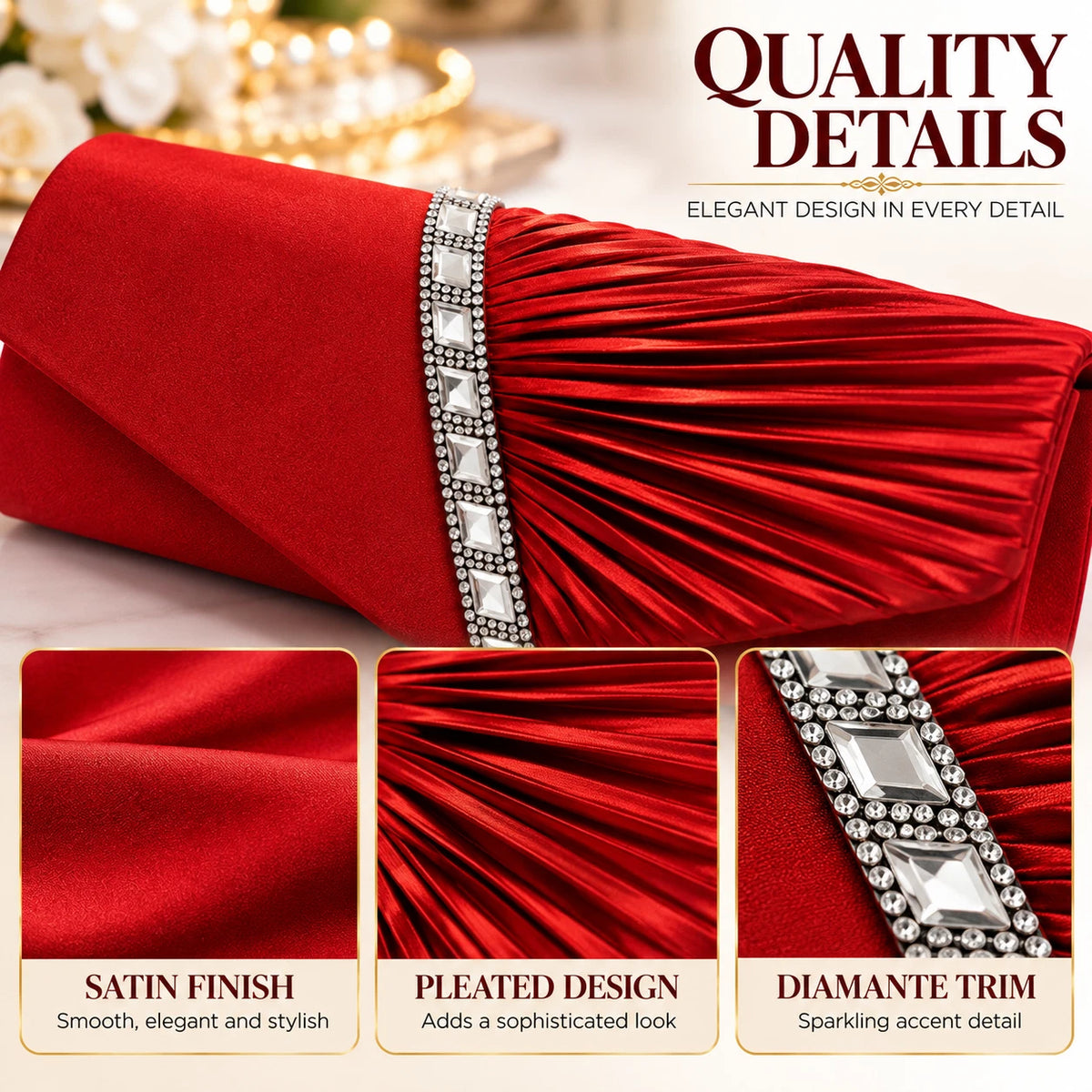 Women Satin Pleated Diamante Evening Clutch Bag Wedding Bridal Party Chain Bags 8 Colour
